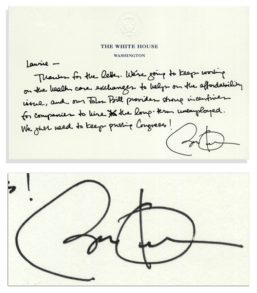 Barack Obama Autograph Letter Signed as President, on White House Letterhead -- ...Were going to keep working on the health care exchanges...keep pushing Congress!...